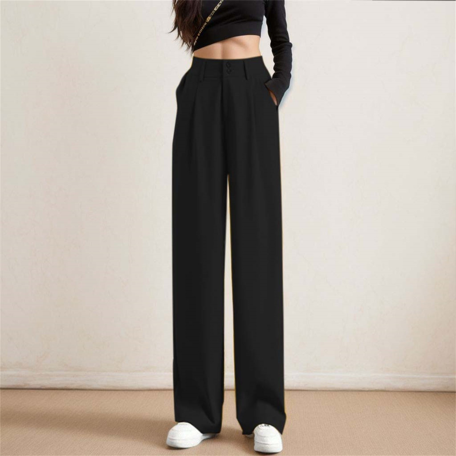 thumbnail image 4 of Pantalones de mujer de cintura alta y pierna ancha - Pantalones de trabajo elásticos por detrás para el verano, 4 of 5